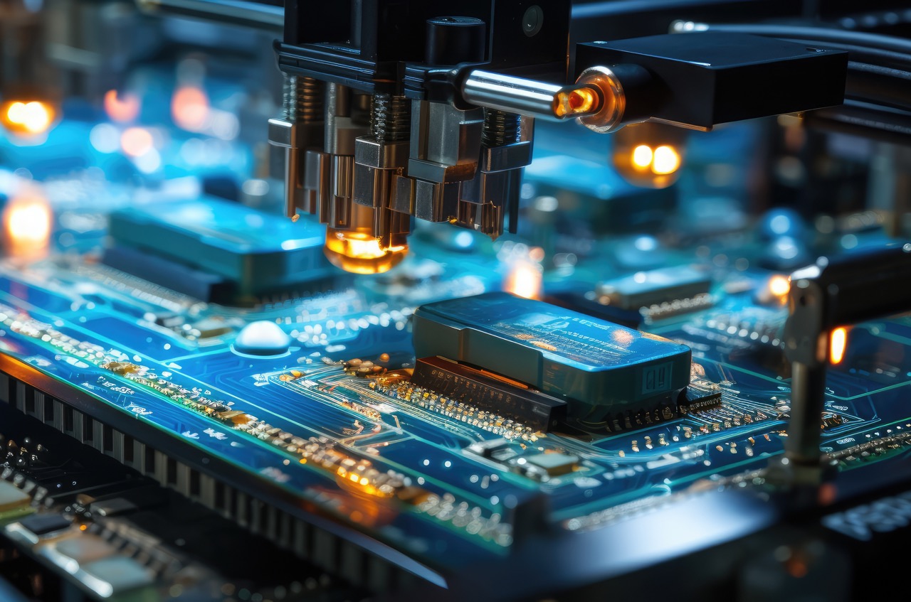 Automatic Place Machine installs Components on Circuit Board. Electronics and Circuit Boards